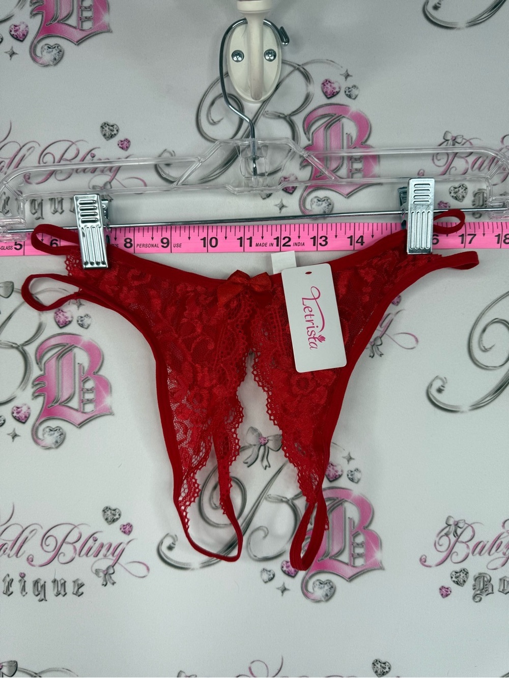 Letrista panties lace floral bow ribbon Red Lace Strappy Thong NEW